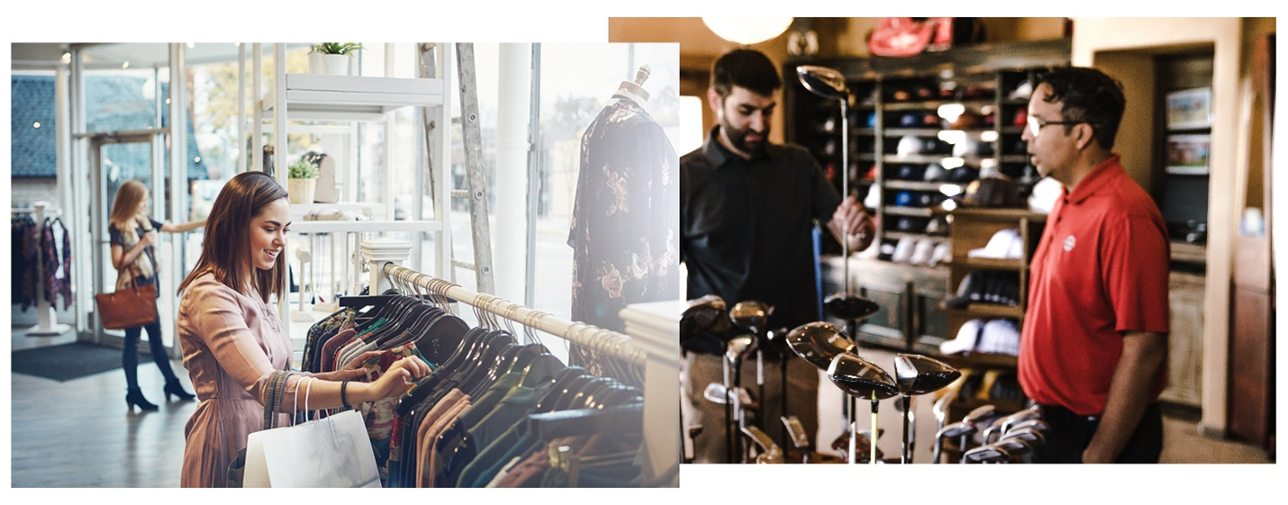 Photos of people shopping in retail outlets.