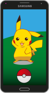 A cell phone with the Pokemon Go game in the screen. 