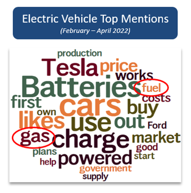 A word cloud showing the electric vehicle top mentions. 