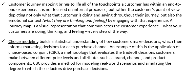Two bullet points with descriptions for customer journey mapping and choice modeling. The bullets are icons of check marks. 